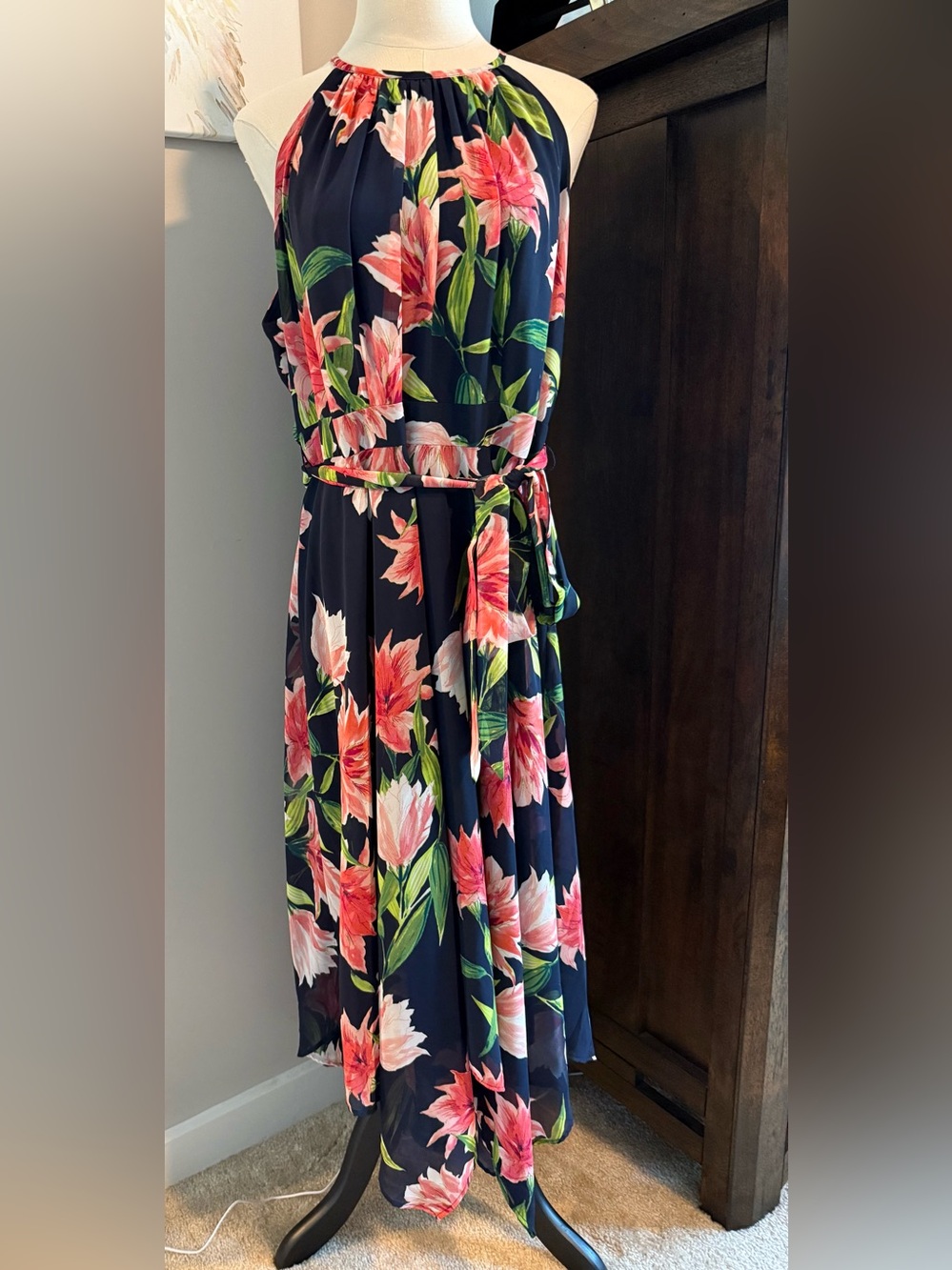 Eliza J Floral Halter Dress with Handkerchief Hem- EUC